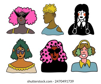 set collection female girls women character portrait in doodle style in vector. template for avatar design sticker coloring postcard poster print