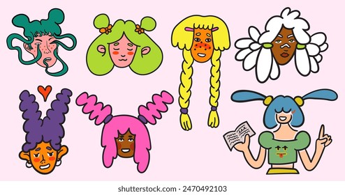 set collection female girls women character portrait in doodle style in vector. template for avatar design sticker coloring postcard poster print