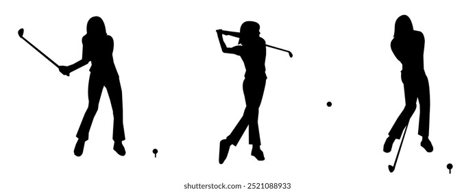 Set collection of female golfers silhouettes. Golf player ready. black and white silhouette, suitable for website design, logos, illustrations and more.