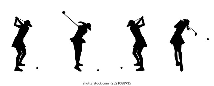 Set collection of female golfers silhouettes. Golf player ready. black and white silhouette, suitable for website design, logos, illustrations and more.