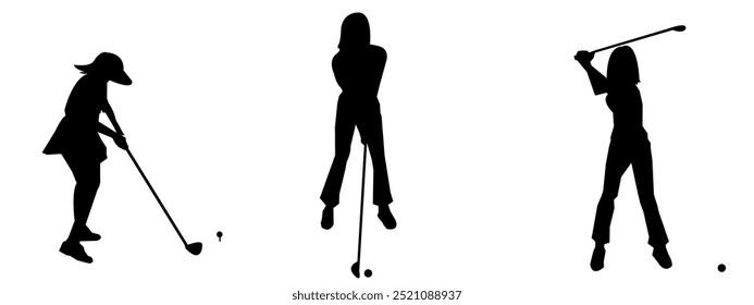 Set collection of female golfers silhouettes. Golf player ready. black and white silhouette, suitable for website design, logos, illustrations and more.