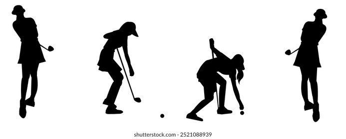Set collection of female golfers silhouettes. Golf player ready. black and white silhouette, suitable for website design, logos, illustrations and more.