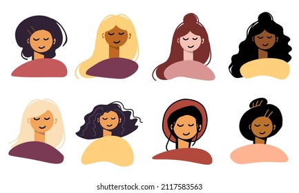 Set collection of female haircut avatars isolated on a white background. Girls or women with different skin and hair colors. Diversity empowerment simple flat cartoon vector illustration.
