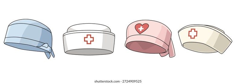Set collection female medic hat from various view. Vector illustrations surgical cap with different angle. Bundle cartoon design headgear for nurse and doctor in transparent background.