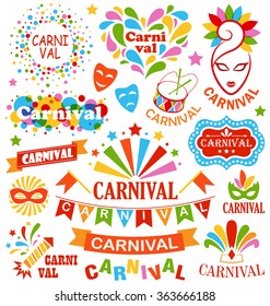 Set Collection of Festive Colorful Carnival Masquerade Icons Isolated on White Background