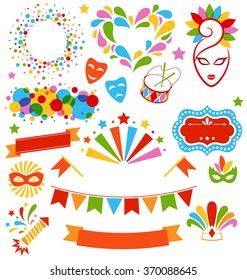 Set Collection of Festive Colorful Carnival Masquerade Icons Isolated on White Background