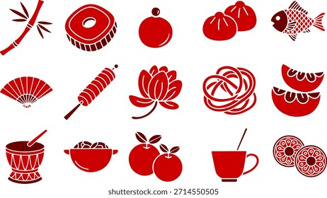 Conjunto de Coleção Festivo Vermelho Chinês Ícones de Ano Novo