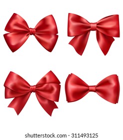 Set Collection of Festive Red Satin Bows Isolated on White Background