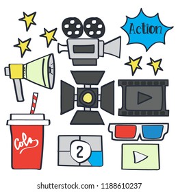 set of Collection of film equipment and extras, vector illustration