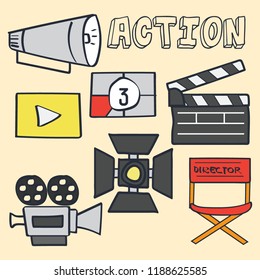 set of Collection of film equipment and extras, vector illustration