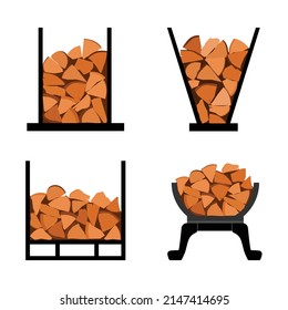 Set, collection of fireplace stands full of chopped logs isolated on white background. Firewood stack. Vector