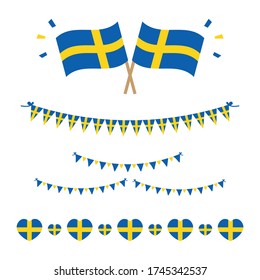 Set, collection of flags, borders and garlands for Flag Day in Sweden and for other national holidays.