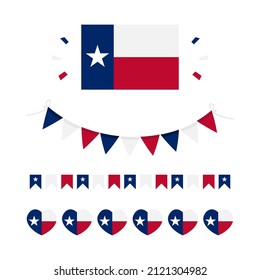 Colección de banderas, guirnaldas, elementos de diseño con banderas del estado de Texas. Bandera de una estrella solitaria para el Día de la Independencia de Texas.

