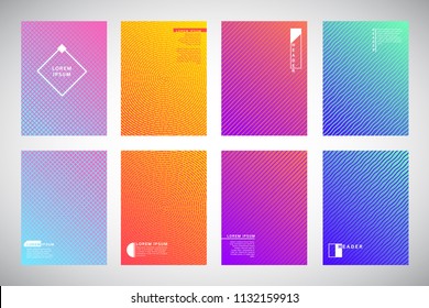 Set, collection of flat colorful gradient backgrounds with geometric pattern. Concentric circles, dynamic diagonal stripes, wavy streaks or waves, grating, mesh texture. Cover, folder, flyer design.