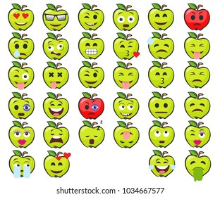 Set, collection of flat design emoji green apples isolated on whit
