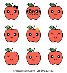 Set, collection of flat design emoji red apples isolated on white background.