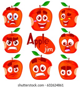 Set, collection of flat design emoji red apples isolated on white background. 
