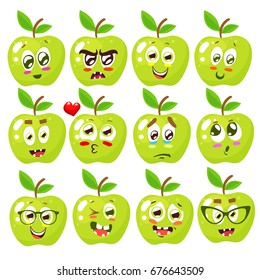 Set, collection of flat design emoji green apples, vector illustration isolated on white background