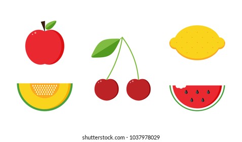 Set, collection of flat design fruits. Apple, melon, cherry, lemon and watermelon isolated on white background.