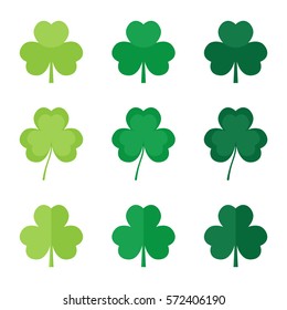 Set, collection of flat design green clover leaves, shamrock. Symbol of St.Patrick's Day.