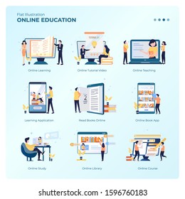 Set Of Collection Flat Design With Online Education Concept, Illustration Of E-learning Or Study Online For Graphic Resources On Web Template