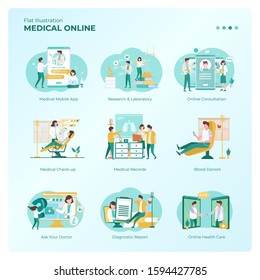 Set Of Collection Flat Illustrations About Medical Online, Colorful Illustration About Online Health Care For Graphic Resources