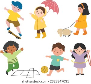 Set Collection Flat Kids Character Play Outdoor Illustration vector
