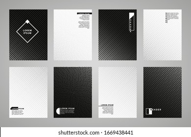 Set, collection of flat minimal black and white gradient backgrounds with geometric patterns. Dynamic diagonal stripes, wavy streaks, plaid texture. Rectangle cover, business folder, poster design.
