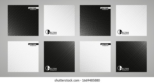 Set, collection of flat minimal black and white gradient backgrounds with geometric patterns. Dynamic diagonal stripes, wavy streaks, plaid texture. Square cover, poster design, business template.