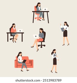 set of collection flat people woman work in office , fashion ootd vector set