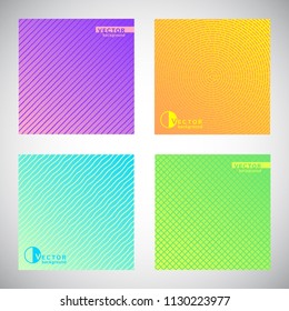 Set, collection of flat square colorful gradient backgrounds with ornamental pattern. Radial, concentric circles, dynamic diagonal stripes, wavy streaks or waves, grating, mesh, chequered texture.