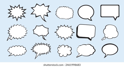 Set, collection of flat style vector speech bubbles, clouds, baloons. Talking, speaking, chatting, screaming, laughing, thinking, dreaming bubbles. Modern motion design shapes with rounded edges.