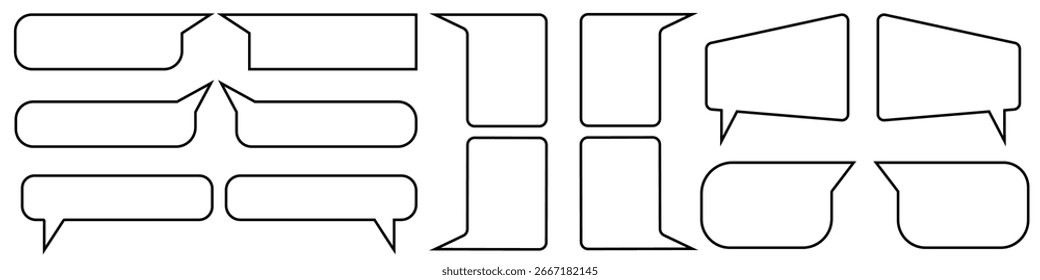Conjunto, coleção de bolhas de fala de vetor de estilo plano, nuvens, balões. Conversar, falar, conversar, gritar, rir, pensar, sonhar bolhas. Formas modernas de design de movimento com bordas arredondadas.