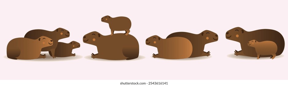 Conjunto ou coleção com um bando de capibaras, ilustração de stock de vetor plano com um grupo de capibaras isolado para projeto