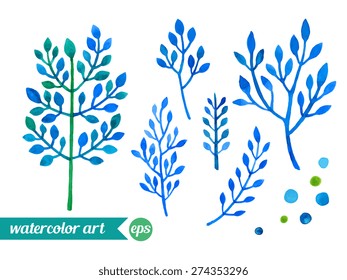Set collection floral elements. Vector. Watercolor painting. Hand drawn artwork illustration. Template for textile fabric design, patterns. Blue, indigo, green, cyan colors. 