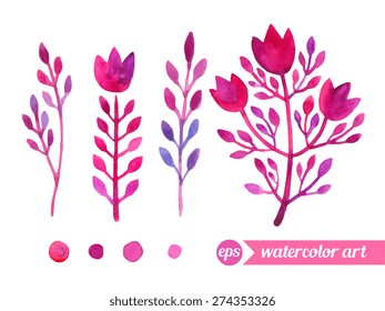 Set collection floral elements. Vector. Watercolor painting. Hand drawn artwork illustration. Template for textile fabric design, patterns.Pink, purple, violet, red colors. 