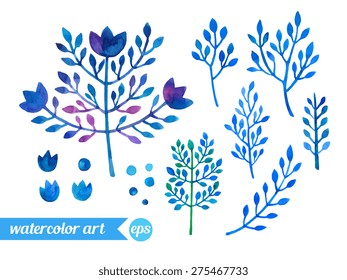 Set collection floral elements. Vector. Watercolor painting. Hand drawn artwork illustration. Template for textile fabric design, patterns. Blue, indigo, green, purple, cyan colors. 