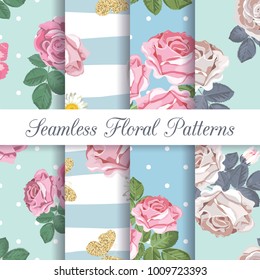 Set collection of floral seamless patterns with roses and butterflies background. Vector illustration.