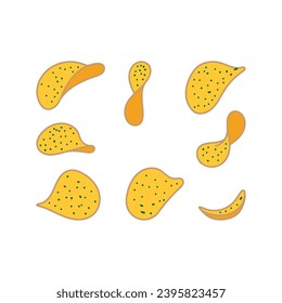 Set Collection of Flying Crispy Potato Chips Icon. Illustration Vector