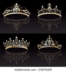 set collection of four 4 beautiful luxury golden with pearls feminine tiaras on black lighted background. with reflections. vector illustration. 