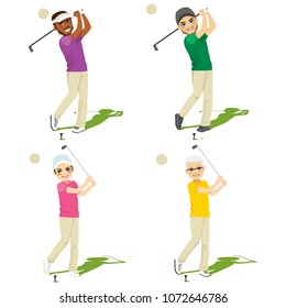 Set collection of four different golf male players making swing