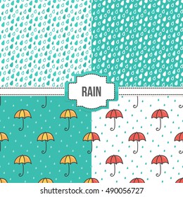 Set, collection of four hand drawn, doodle rain seamless pattern backgrounds.