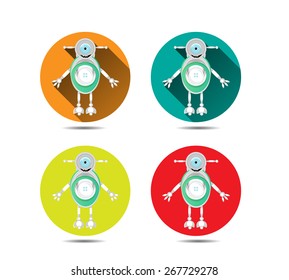 Set, collection of four icons with modern, silver, smiling robot, with one large, blue eye
