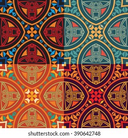 Set collection of four same colorful tribal ethnic seamless patterns in different colors. Bright abstract textures. Vector illustration.