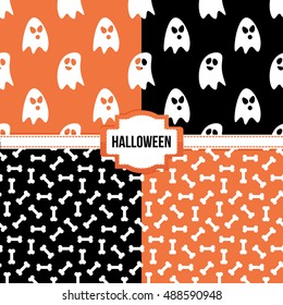 Set, collection of four simple modern colorful halloween seamless patterns.