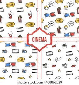 Set, collection of four simple modern colorful cinema, movie seamless patterns.