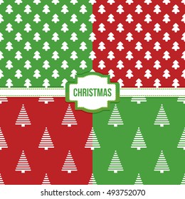 Set, collection of four simple modern colorful christmas trees seamless pattern backgrounds.