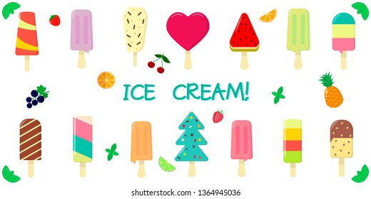 A set collection of fourteen types of various sweet ice-cream, with fruit and chocolate flavor on a stick, juicy fruits and berries on a white background and text. Flat style vector illustration.