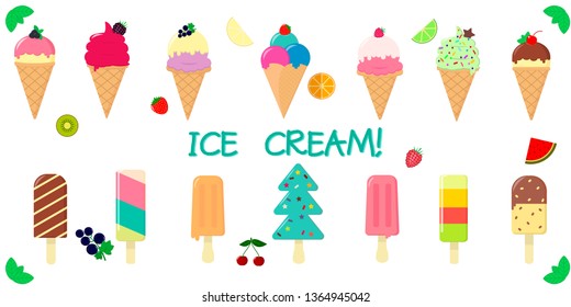 A set collection of fourteen types of various sweet ice-cream, in a waffle cup and on a stick, juicy fruits and berries on a white background and text. Flat style vector illustration.