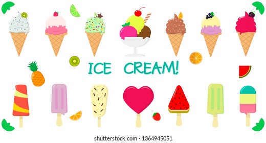 A set collection of fourteen types of various sweet ice-cream, in a waffle cup and on a stick, juicy fruits and berries on a white background and text. Flat style vector illustration.